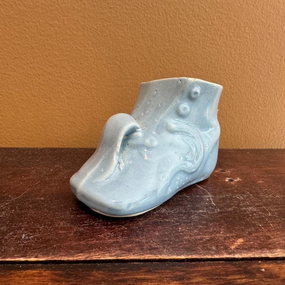 Vintage Baby Bootie Planter Blue Ceramic Shoe Shaped Vase‎ Nursery Decor
